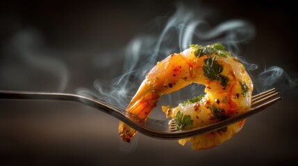 Delicious smoky shrimp on fork with herbs and spices in high-contrast cooking background for culinary inspiration