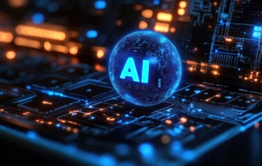 Glowing blue digital sphere labeled AI floating over a complex futuristic circuit board with illuminated electronic components in a high-tech environment