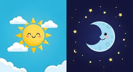 Cheerful cartoon sun and smiling moon with stars, perfect for children's books, educational materials, and playful designs, adding joy