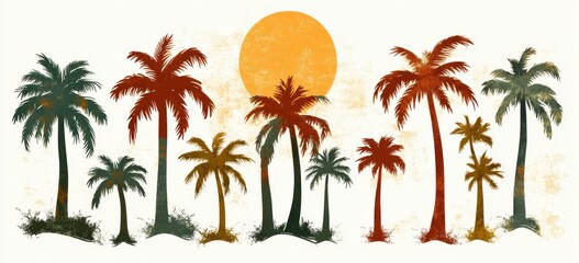 Obraz premium artistic illustration of various palm trees in different colors with a large orange sun in the background creating a tropical sunset feeling