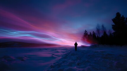 A lone figure walks through a snowy winter landscape under a vibrant sky filled with colorful light streaks at dusk