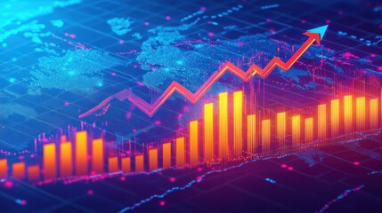 Bright neon orange bar graph with a rising arrow line chart overlay on a blue digital world map background indicating growth and upward trend