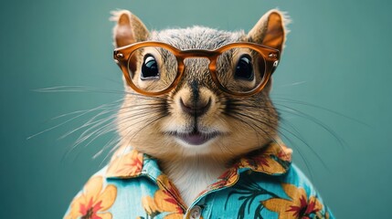 Close-up of a cute squirrel wearing large glasses and a colorful floral shirt against a plain blue background, conveying a quirky and charming vibe