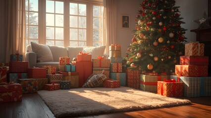 Festive Christmas morning scene with decorated tree and wrapped presents galore