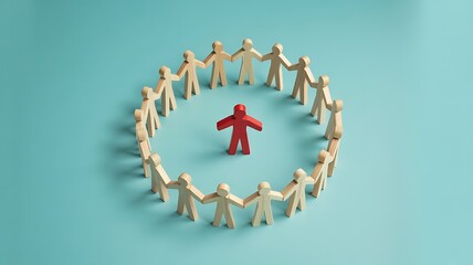 Red human figure stands out from the crowd in a circle of wooden people