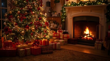 Festive holiday ambiance with fireplace and a beautifully decorated christmas