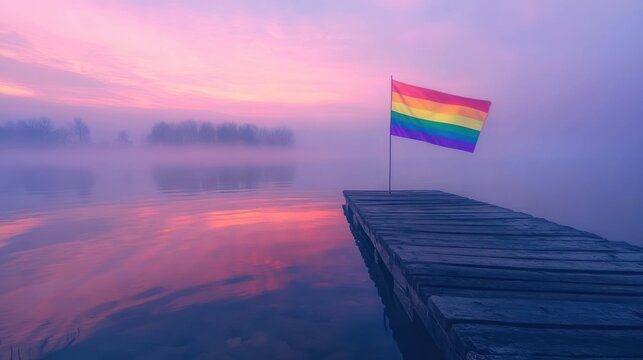 wooden dock extending into calm lake at sunrise with mist and rainbow flag waving in gentle breeze