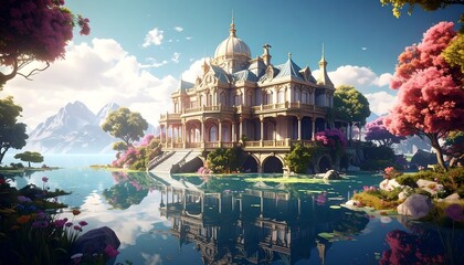 Majestic building by a lake, surrounded by vibrant trees and mountains