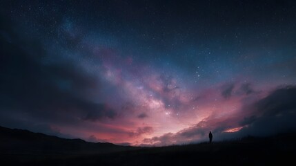 Fototapeta premium A lone silhouette stands on a hill gazing at a vibrant star filled night sky with colorful twilight clouds