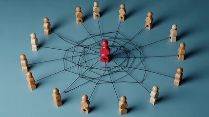 Red Figure at Center of Network Connecting Wooden People for Strategic Communication