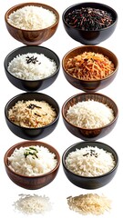 Assortment of bowls filled with different types of prepared and raw rice grains