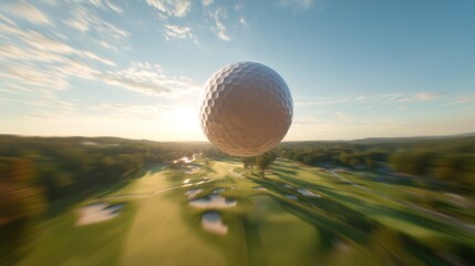A dynamic and cinematic shot of a white golf ball flying mid-air over a golf course during sunset. The blurred motion effect and expansive landscape amplify the sense of speed and action, encapsulatin