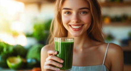 Happy young woman smiling while holding a glass of fresh green juice in a bright kitchen setting