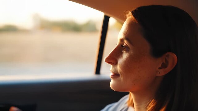 Woman Gazing Out Car Window at Sunset
