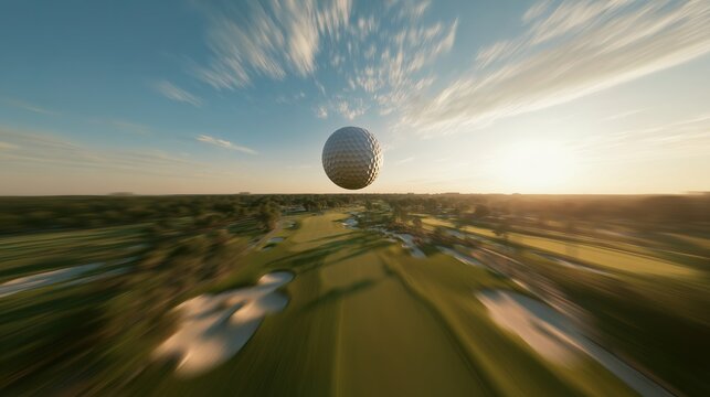 A dynamic and cinematic shot of a white golf ball flying mid-air over a golf course during sunset. The blurred motion effect and expansive landscape amplify the sense of speed and action, encapsulatin
