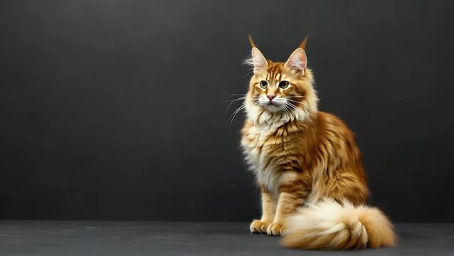 ginger-colored large domestic feline with long hair depicted in profile view as a dark silhouette against a stark black