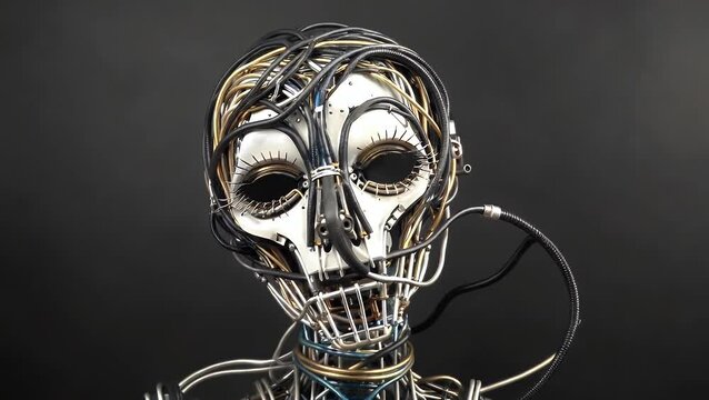 Sculptural Representation of a Cranial Form Constructed from Interwoven Metallic Filaments Against a Dark