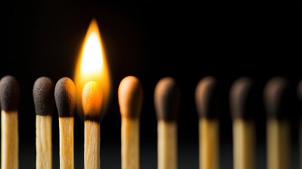 Close-Up of Burning Matchstick Surrounded by Unlit Matches on a Dark Background for Fire and Light Concepts