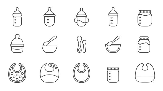 Essential baby feeding supplies in stylish outline icons celebrate new beginnings and the joys of parenthood for modern baby care brands
