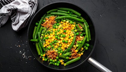 Mixed green and yellow vegetables cooking in a black pan