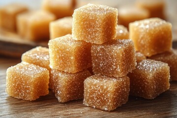 Close-up view of a pyramid stack of coarse brown sugar cubes coated with sugar crystals on a wooden surface