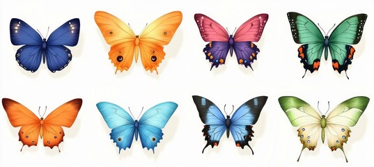 Fototapeta premium Collection of eight colorful butterflies with symmetrical wings showcasing a variety of vibrant colors and patterns against a white background