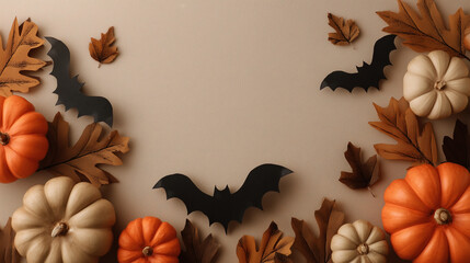 Obraz premium Flat lay of orange and white pumpkins, dried autumn leaves, and black paper bats on beige background, creating festive and spooky Halloween atmosphere