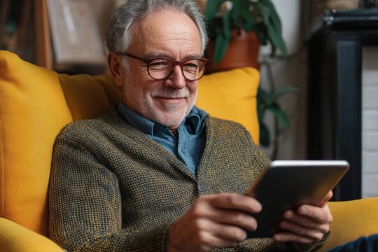 Smiling elderly man with glasses sitting comfortably in a yellow armchair using a tablet indoors with a cozy background