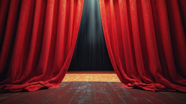 Red velvet theater curtains partially opened on wooden stage with spotlight shining through, creating dramatic and anticipatory atmosphere