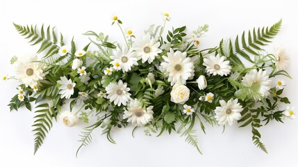Elegant fresh white floral arrangement with daisies, gerberas, and lush green ferns