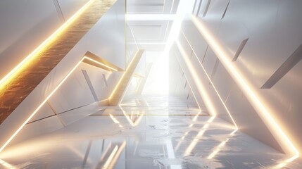 Futuristic Abstract Interior with Golden Geometric Light Traces
