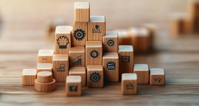 Stacked wooden blocks with various business and technology icons arranged on a wooden surface conveying concepts of growth and development