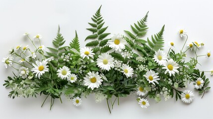 Delicate botanical border of wild daisies and fern on a white background