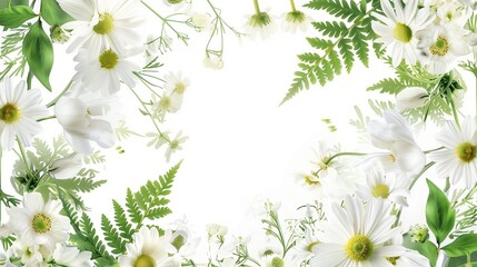 Delicate floral frame of white spring flowers and green fern leaves