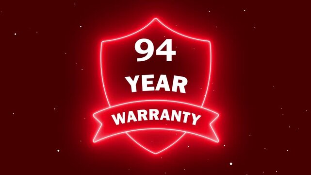 Abstract Warranty Shield in Red Light. Neon 94 year warranty with shield icon animation on red background. Business product quality concept. 94 years warranty label badge design animation.