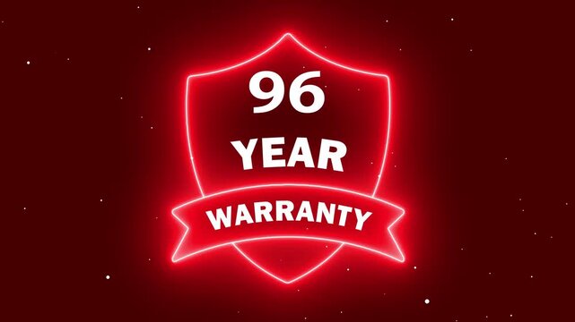 Guarantee Seal with Glowing Effect. Neon 96 year warranty with shield icon animation on red background. Business product quality concept. 96 years warranty label badge design animation.