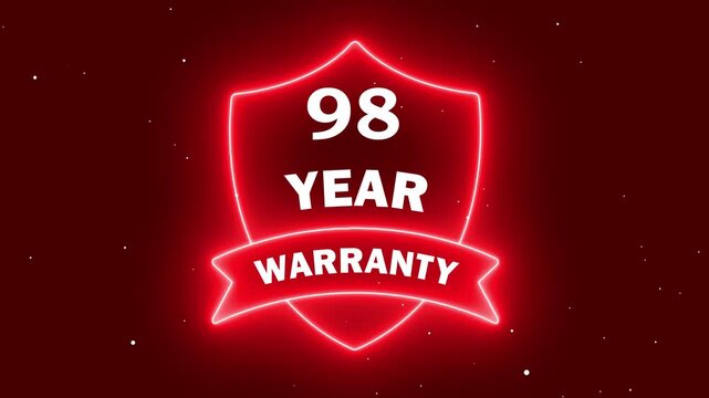 98 year quality assurance neon icon. futuristic digital warranty label animation. glowing ninety eight year guarantee sign. red neon 98 year warranty shield badge.