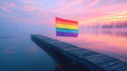 Rainbow flag fluttering at the end of a wooden pier over calm water during a serene pink and purple sunset with misty trees in the background