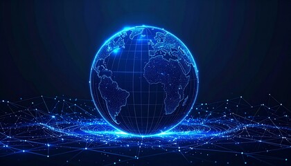 Digital representation of Earth connected by glowing lines in a futuristic network design at night