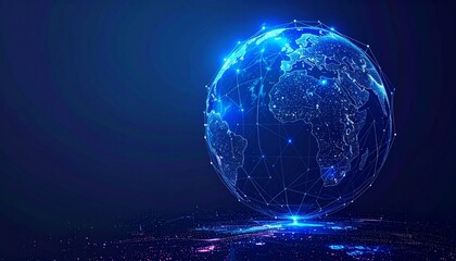 Digital representation of Earth connected by glowing lines in a futuristic network design at night