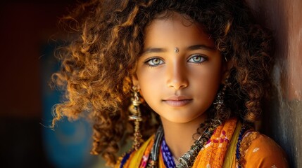 Enchanting Portrait of Young Girl with Curly Hair and Stunning Blue Eyes in Traditional Attire with Jewelry