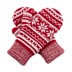 Pair of red and white knitted mittens with snowflake and geometric patterns, perfect for winter.