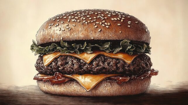 Close-up of a juicy cheeseburger with sesame seed bun, melted cheese, fresh leafy lettuce, and barbecue sauce on a wooden surface against a plain background - Powered by Adobe