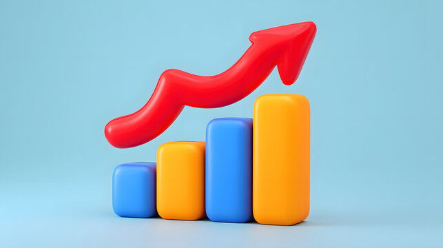 Financial bar chart with red arrow indicating growth