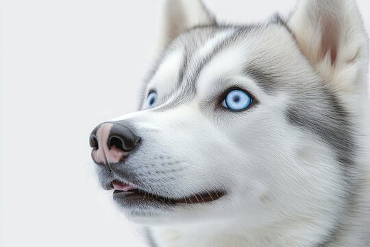 close-up of a husky dog with striking blue eyes looking attentively to the right on a white background