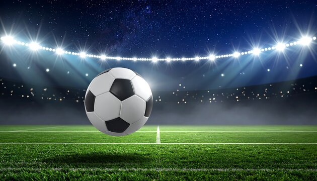 A soccer ball hovers in the center of a lit stadium field at night