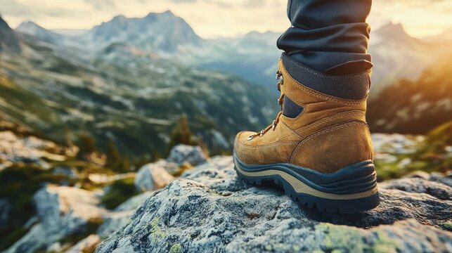 Close-up of a brown hiking boot on a rocky mountain terrain with a blurred scenic view of green mountains and a bright sunset in the background