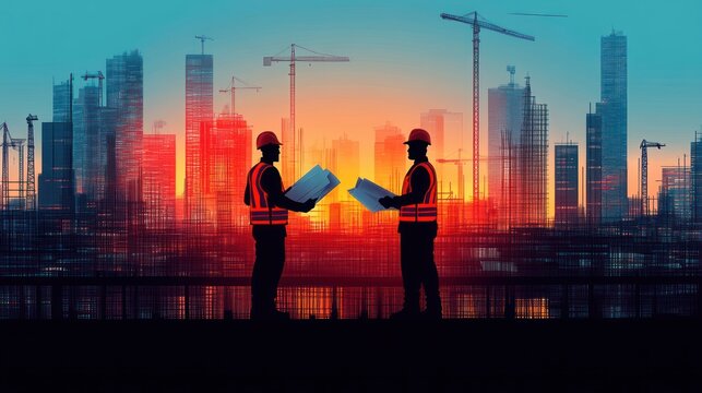 Two construction workers reviewing blueprints at a large urban construction site during sunset with multiple cranes and skyscrapers in progress
