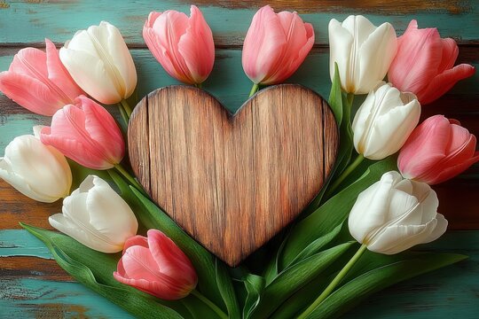 Pink and white tulip flowers arranged in a semicircle around a wooden heart shape on a rustic blue and brown wooden surface conveying warmth and affection