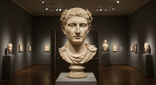 Marble bust of a man with a laurel wreath displayed in an art museum with spotlights overhead